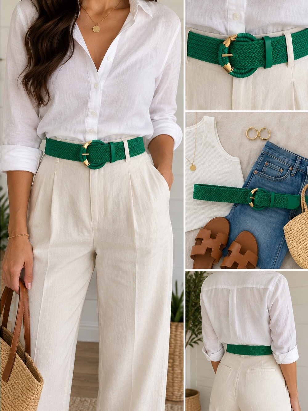 Green Woven Elastic Belt with Gold-Tone Buckle